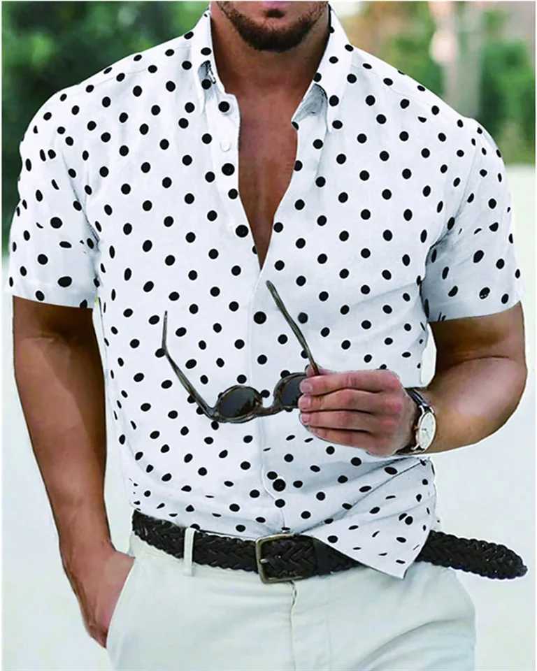 Mens shirt summer beach shirt black and white short sleeve polka dot lapel vacation clothing fashionable casual comfortable 5XL W250627