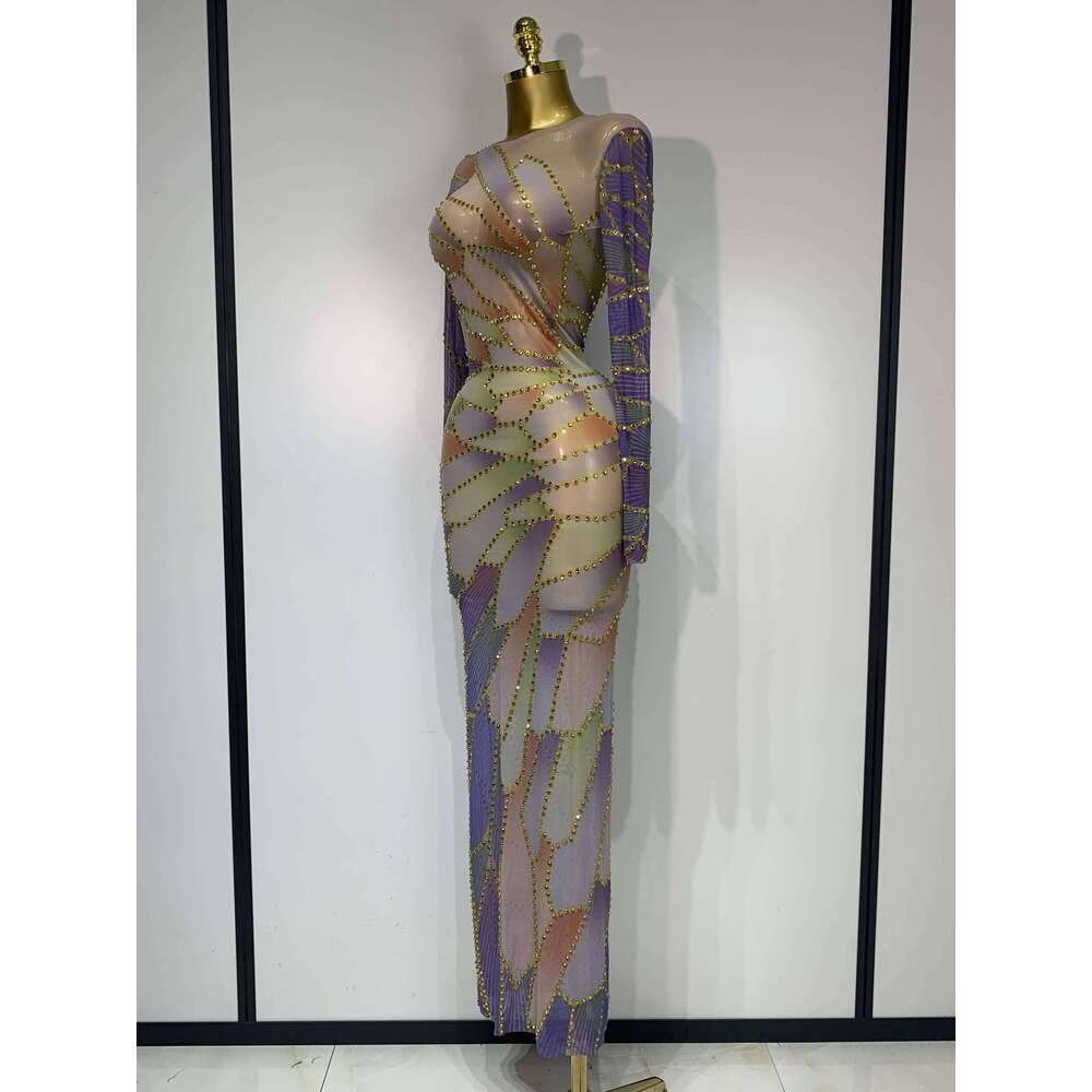 Sparkly Rhinestone Stretchy Mesh See Through Dress Women 2025 Performance Dancer Costume Birthday Nightclub Stage Outfit