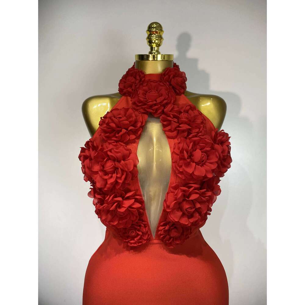 2025 New Women Sexy Halter Hollow Out Flowers Bodycon Bandage Dress Red Backless Elegant Party Birthday Wedding Dresses