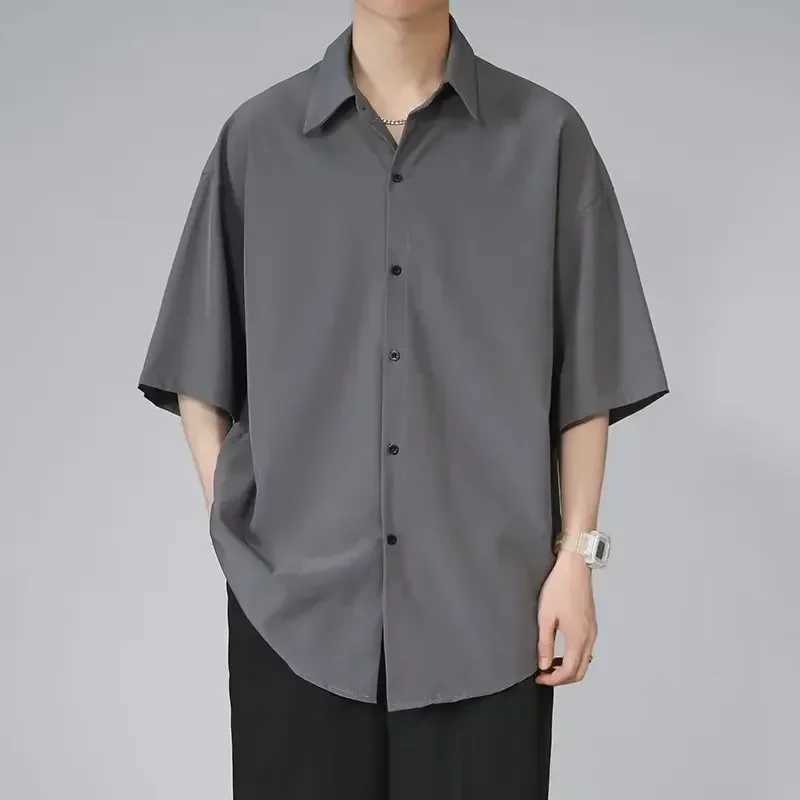 Mens Ice Silk Short Sleeve Shirt Casual Loose Fit Korean Style Trendy Black Shirt For Summer Thin Sleeve Casual W250627