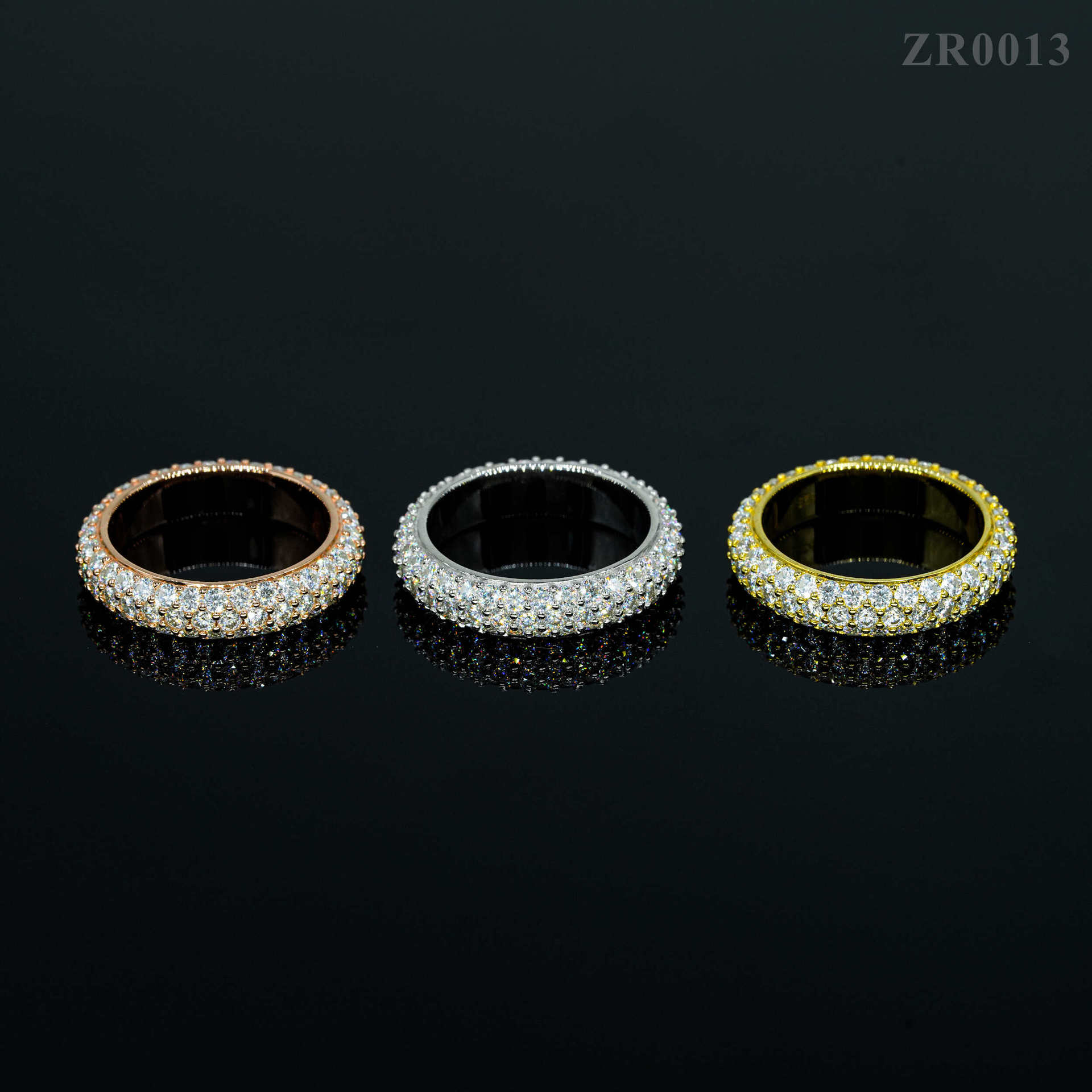 Solid 925 Sterling Silver Gold Plated Fine Jewelry Fully Iced Out 3 Rows Moissanite Band Ring