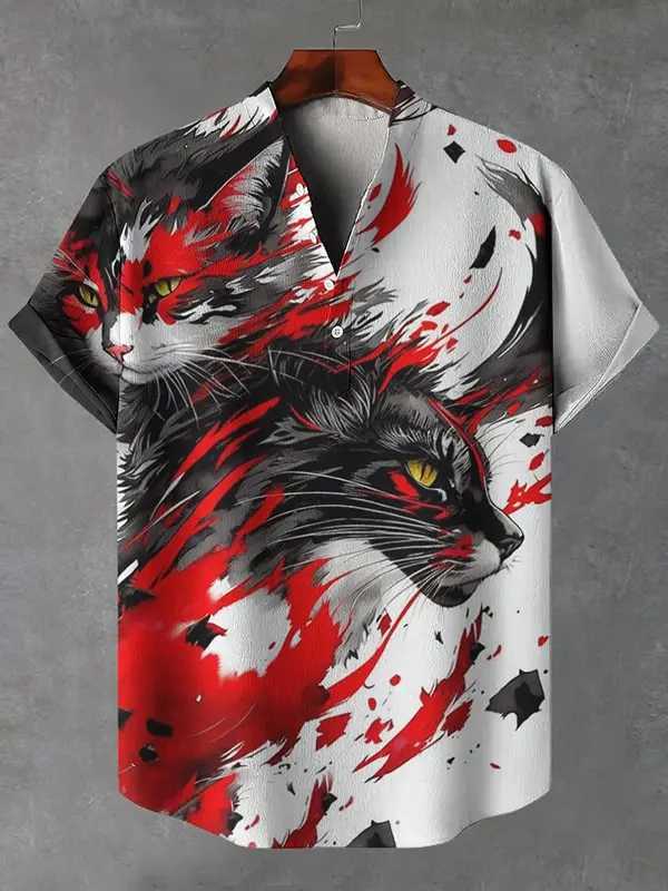 2025 new linen comfortable fabric Asian style retro pattern printed mens short sleeve shirt casual wear button top W250627