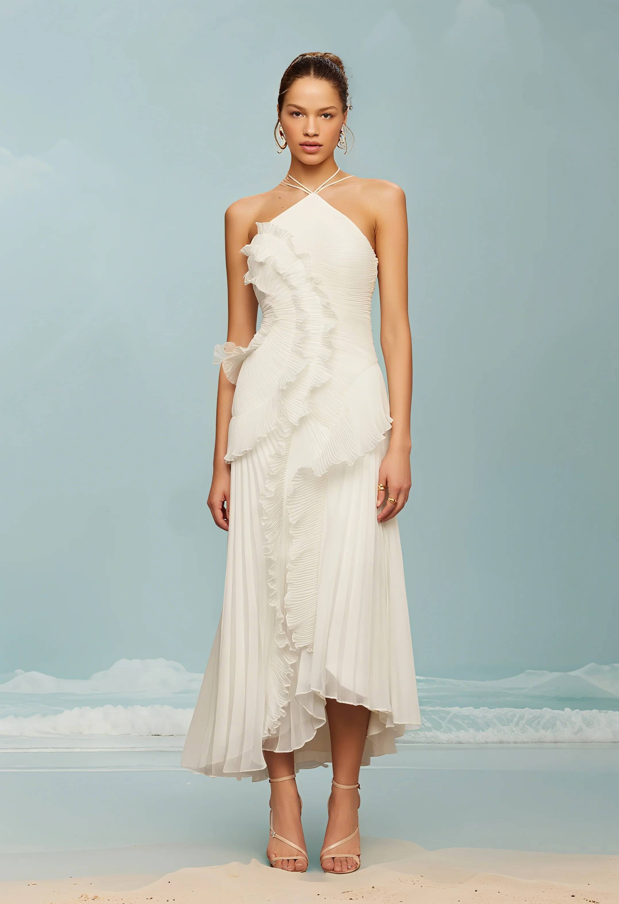 Elegant Neck Strap Ruffles Evening Gown Solid Folds A Line Lace Up Backless Sexy Dress 2025 New Party Vacation Y2k Robe