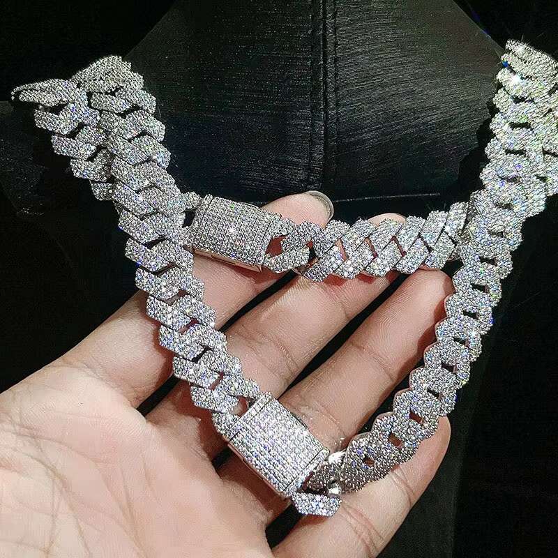 Hot Selling S925 Silver Iced Out Cuban Link Hiphop Jewelry 15mm Pass Diamond Tester D VVS Moissanite Cuban Chain Necklace