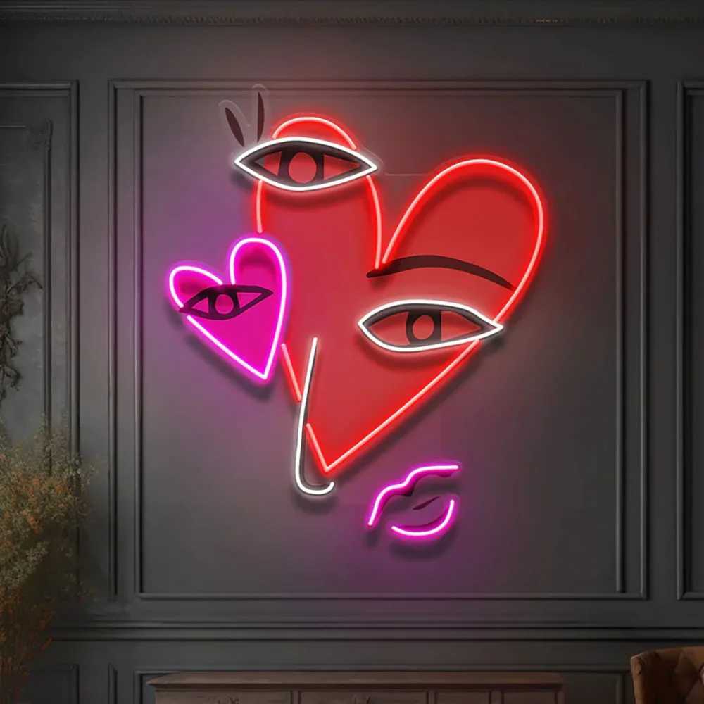 Abstract Face With Hearts Neon Sign for Wall Decor UV Print Neon Pop Art Wall Decor Home Bar Beauty Salon Decor Birthday Gift XJ250626