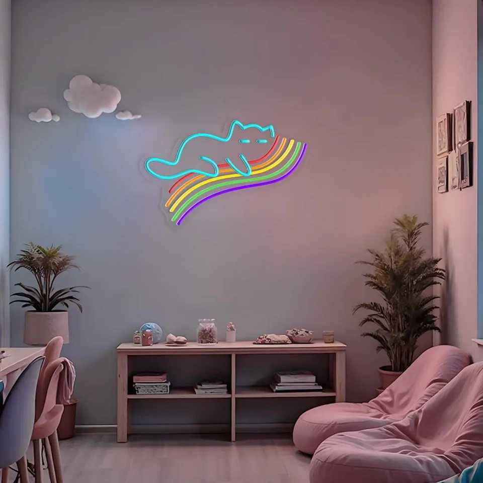 Cat Sleeping On Rainbow Neon Sign Rainbow Cat Neon Sign Cute Cat Lover Gift Aesthetic Wall Decor Kid Room Decor XJ250626