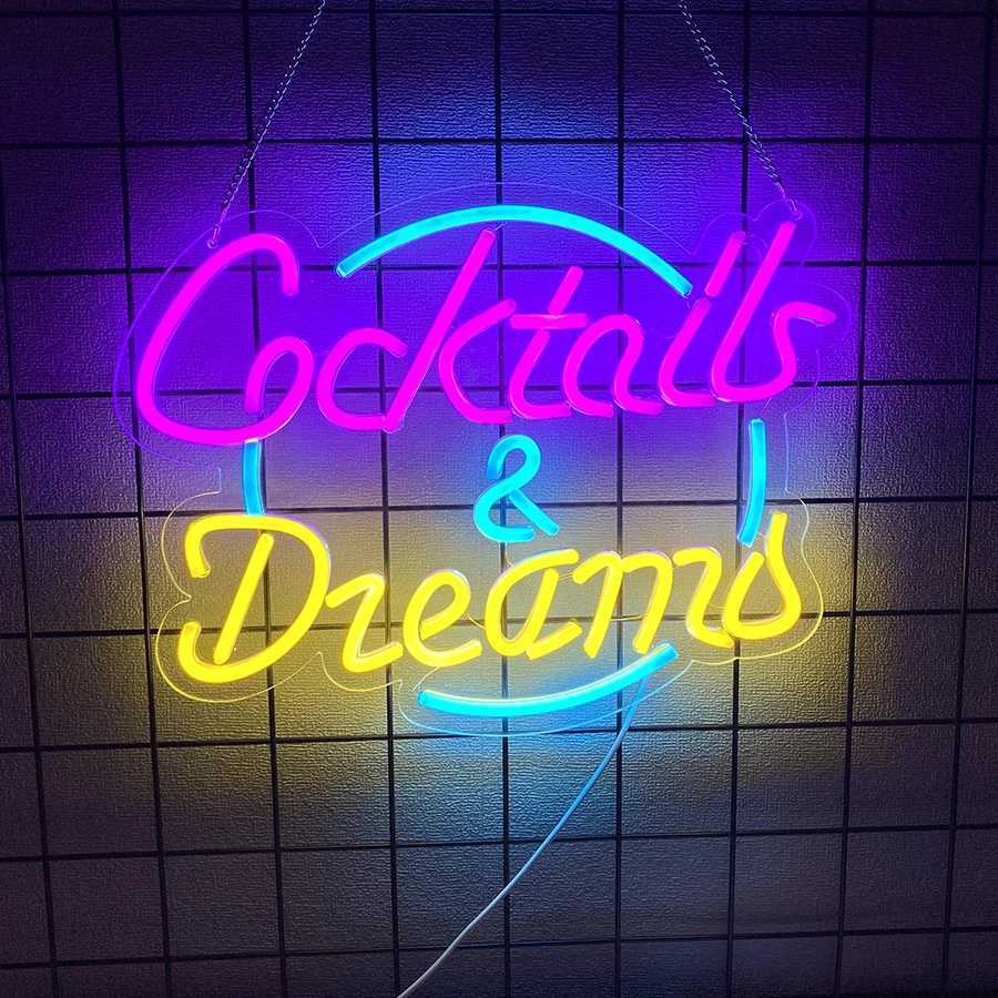 Cocktails and Dreams Neon Sign for Wall DecorLED Neon Light Signs for Bedroom Room Home Beer Bar Bistro Art DecorUSB PoweredXJ250626