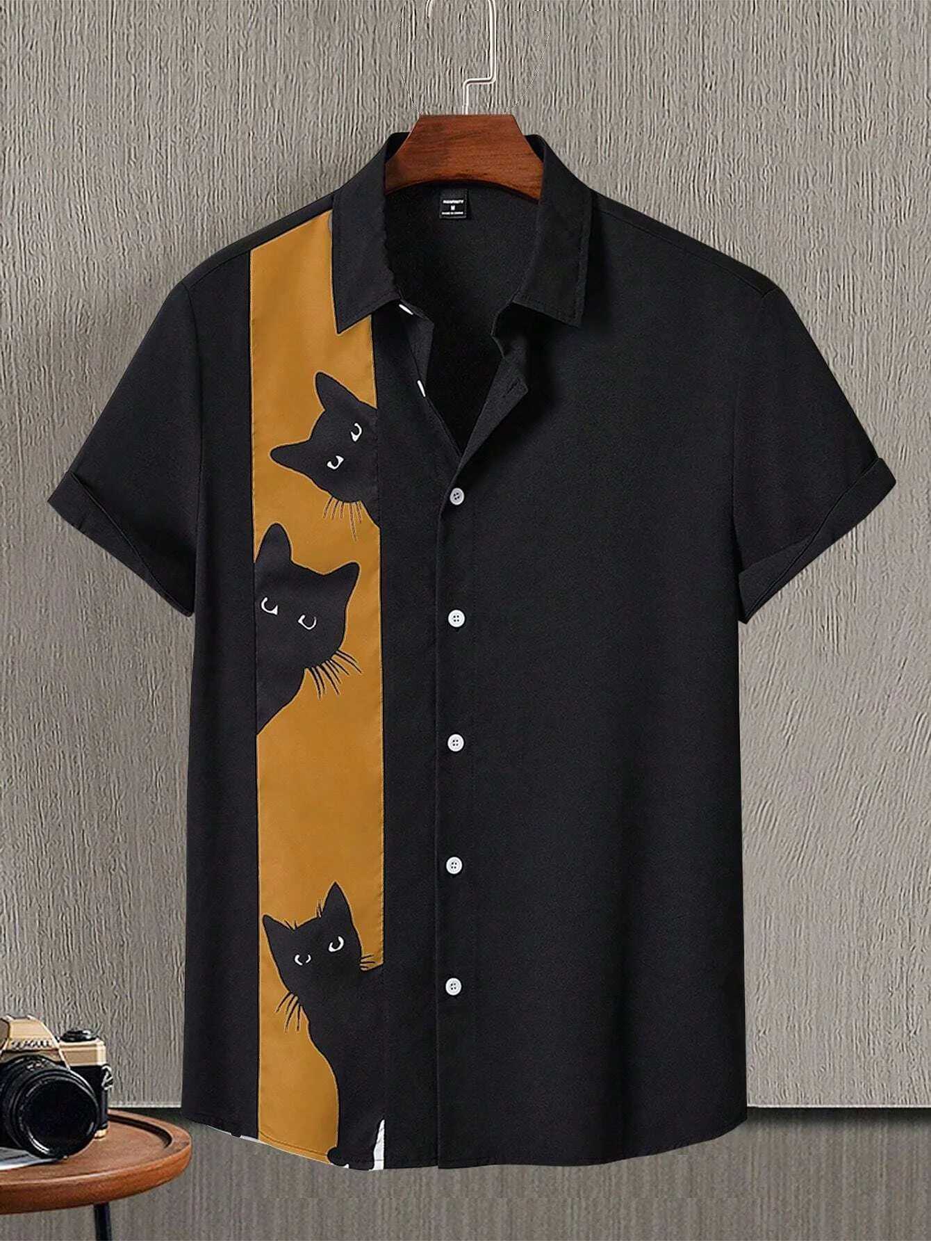 Whimsical Cat Print Mens Shirt Playful Short Sleeve Button-Up with Adorable Kitten Patterns for Casual Fun Outings W250627