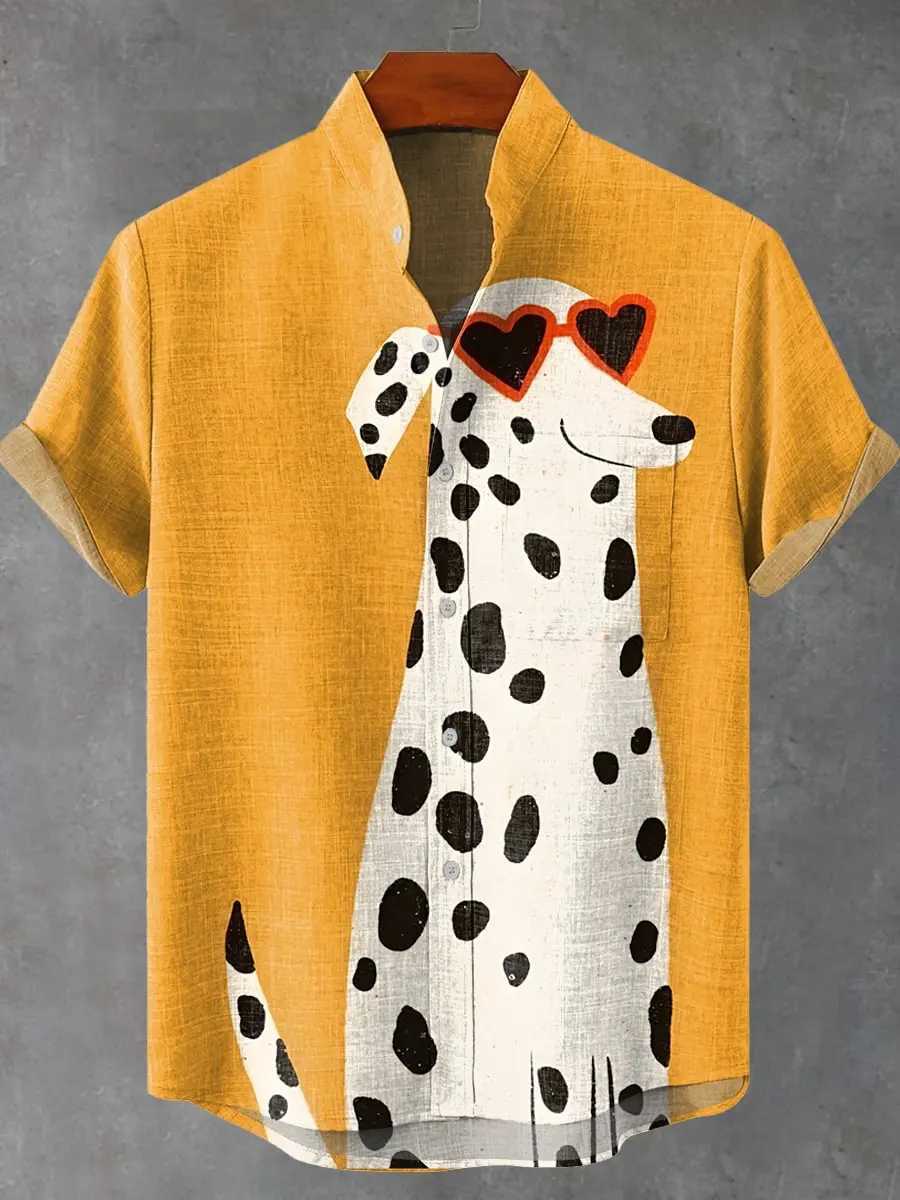 Mens New Cartoon Puppy Elegant Artistic Pattern Linen Fabric Short Sleeve Shirt Summer Casual Top Suitable For Vacation W250627