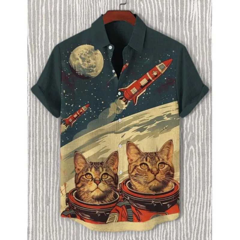 Mens Summer Japanese Style Art Cat Pattern Print Mens Retro Linen Short Sleeve Shirt Casual Simple Button Top Mens Shirt W250627