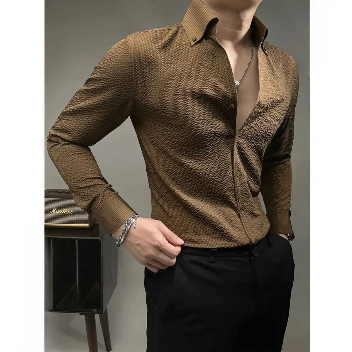 New Mens High-end Light Luxury Long Sleeve Shirt Fashionable Business Casual Versatile Handsome Shirt Trend W250627