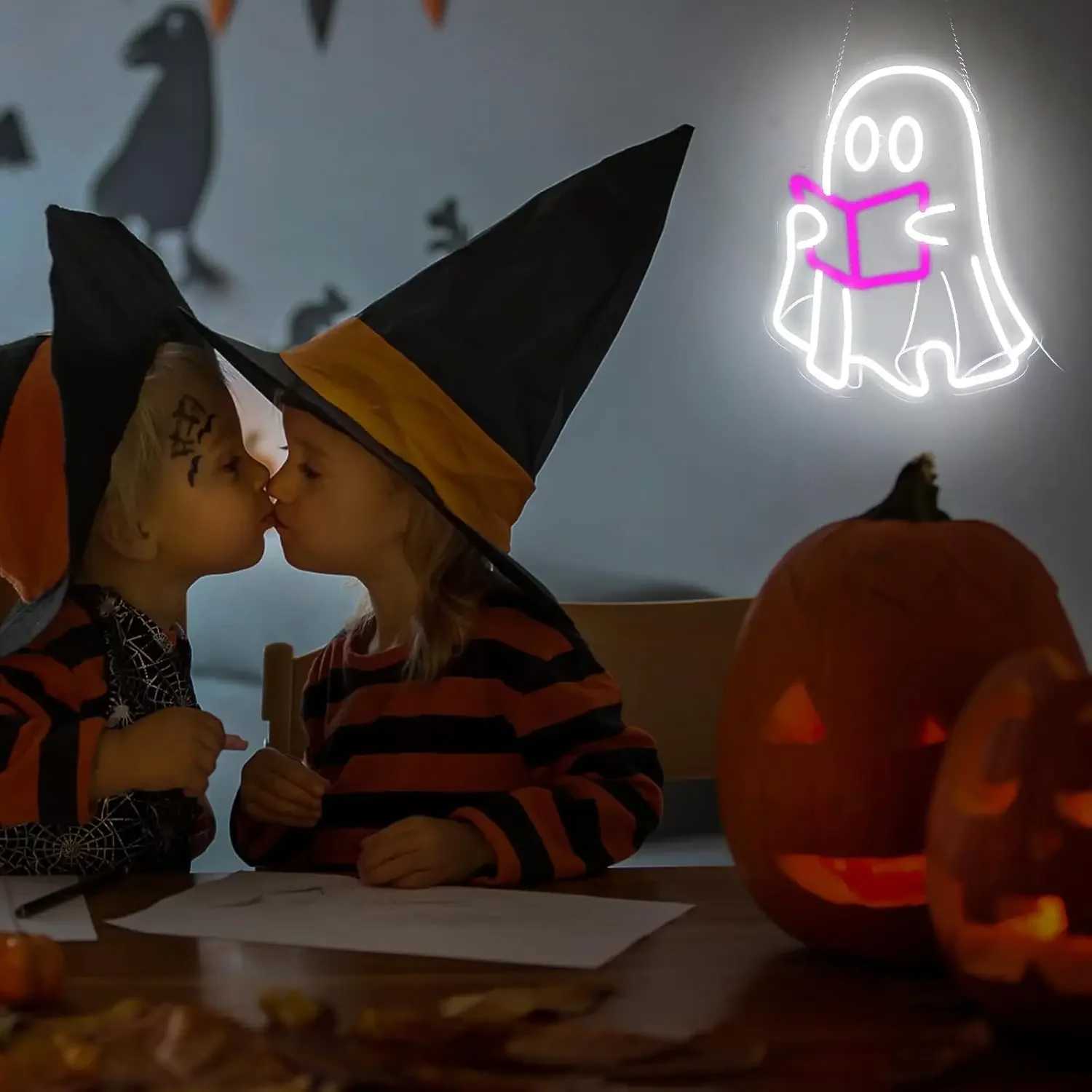 Reading Ghost Neon Sign LED Neon Light Sign Hanging Sign Halloween Party Ornaments Ghost Night Light For Bedroom Book Store XJ250626