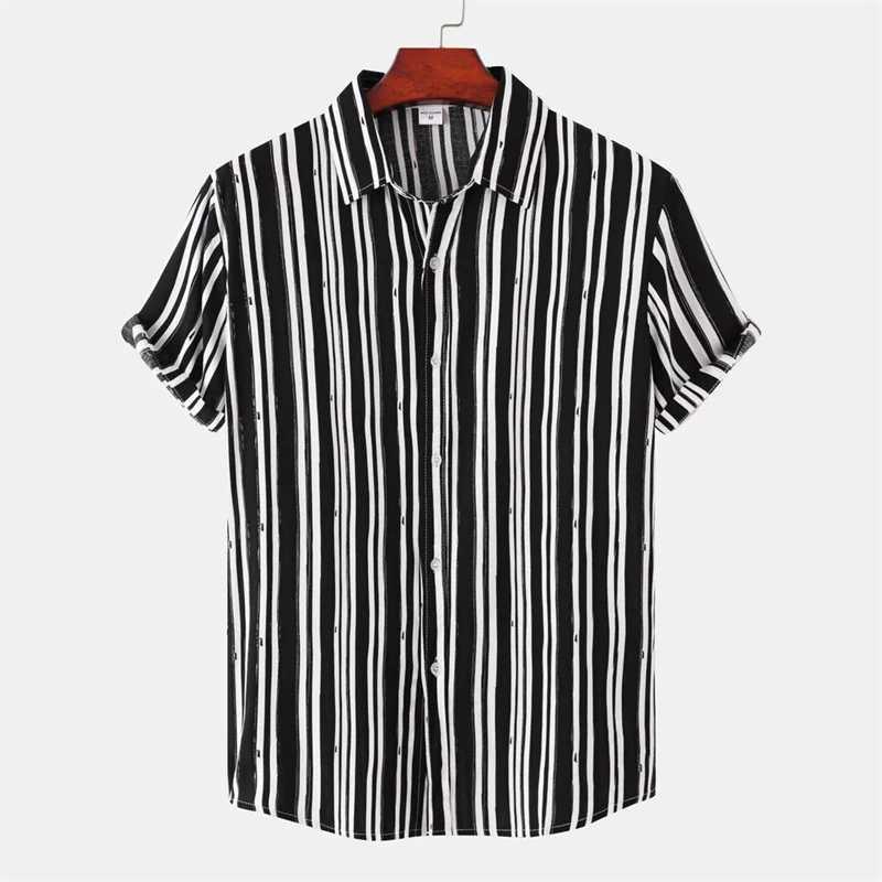 Hawaiian Fashion Black White Striped Plaid Shirt For Men Casual Vacation 3D Print Tops Beach Short Sleeve Summer Street Shirts W250627