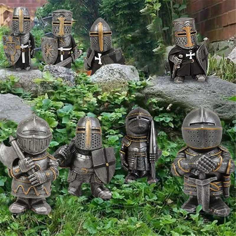 Knight Garden Statue Guard Cross Templar Dwarf Guard Armor Samurai Miniature European Knight Resin Garden Decoration X250627