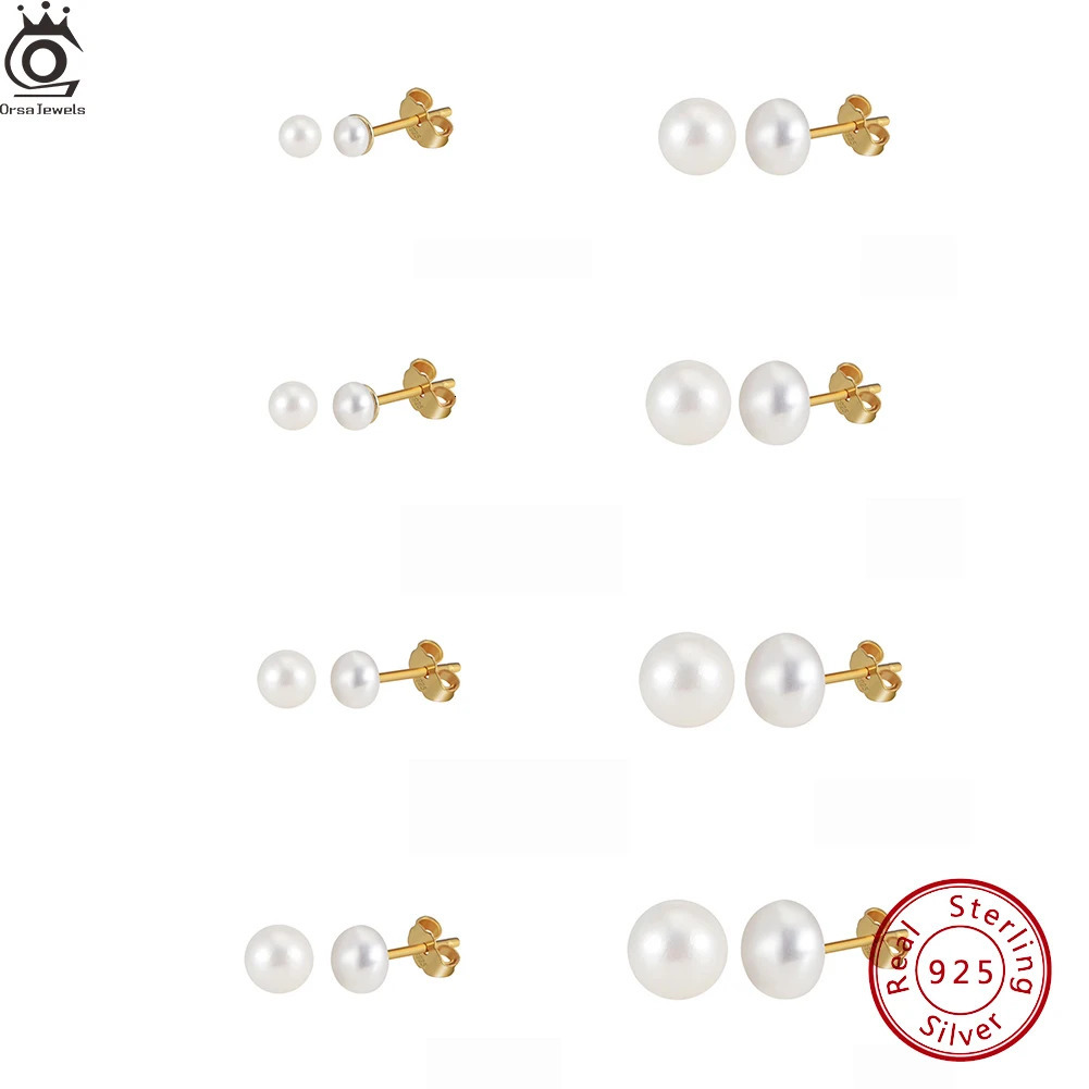 ORSA JEWELS Minimalism 1 pair Freshwater Pearl Ear Stud Real Pearls Stud Earrings 925 Silver Round Natural Pearl Ear Stud GPE104 250624