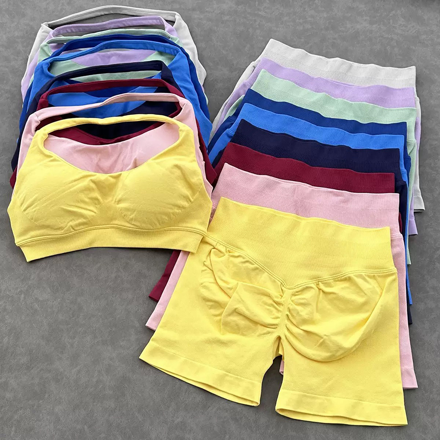 Impact Gym Set Women 2 Piece Strappy Yoga Bra High Waist Workout Scrunch Shorts Sports Suit Fitness Clothes Seamless Yoga Set Backless Tops Outfit