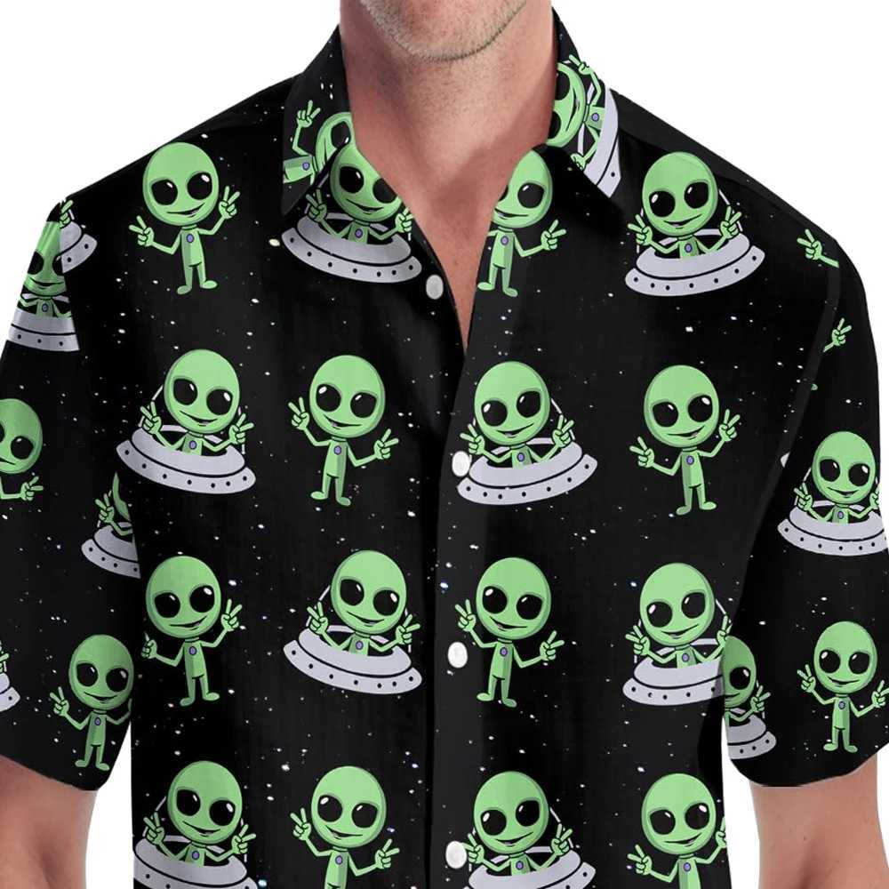 Funny Alien Graphic Shirts Oversized Mens Shirt 3D Printed Pattern Male Clothing Casual Lapel Tops Button Summer Apparel W250627