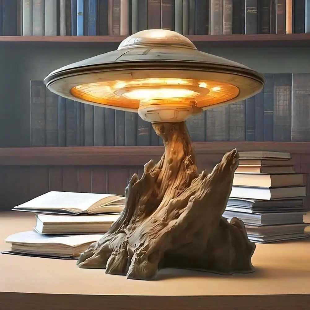 Ufo Design Light Rechargeable Ufo Lamp with Tree Trunk Base Soft Glow Ambient Illumination for Bedside Desk Decoration Unique S25627
