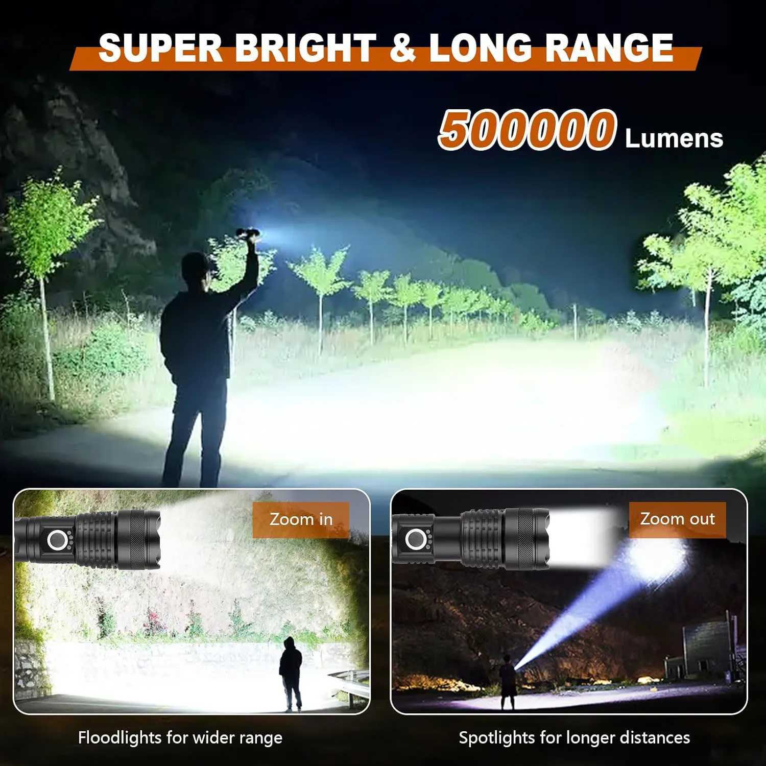 High Power Rechargeable LED Tactical Flashlight Aluminum Alloy Telescopic Zoom Torch Lamp for Outdoor Camping Fishing W250701
