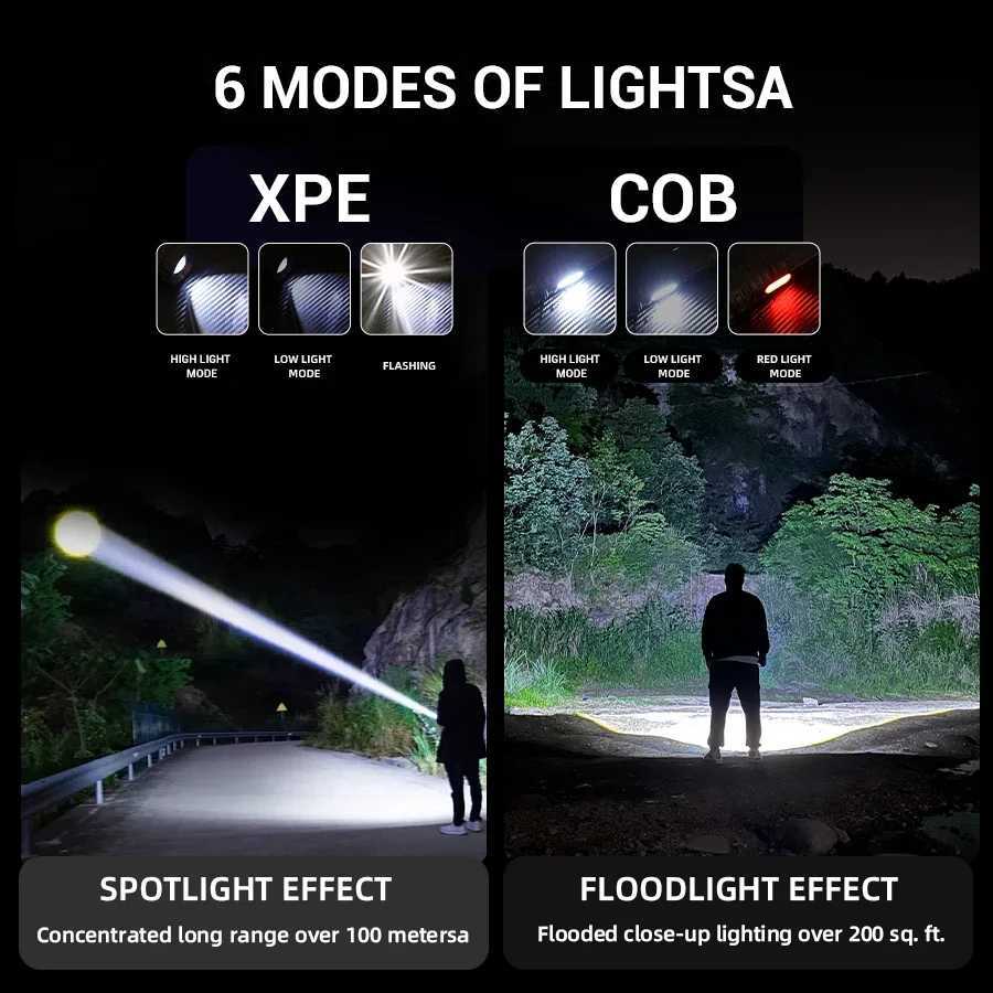 Powerful LED Camping Flashlight 18650 USB Rechargeable Zoom Torch with Side Light Outdoor Tactical Lamp 6 Modes Waterproof Lantern W250701