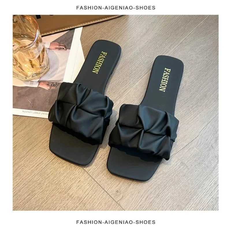 Summer for Women Flip Flops Flats New Pleated Korean Slippers Wen Sandals Green Slip on Shoes Big Size 35-42 Y250627