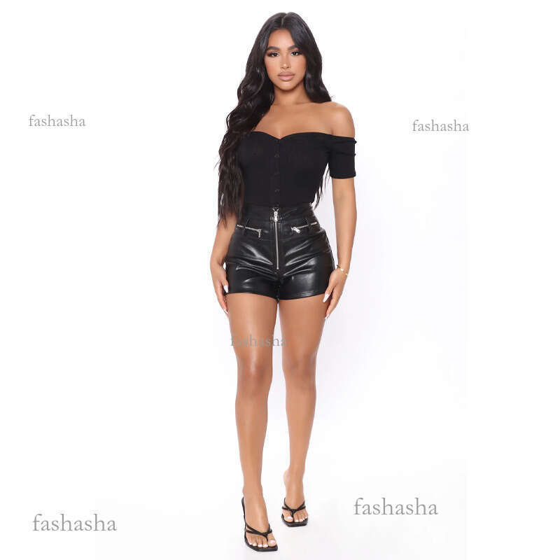 20025 Autumn Winter New Womens Shorts Cross-border PU Leather Pants Fake Pocket Side Zipper Denim Short Leather Pants