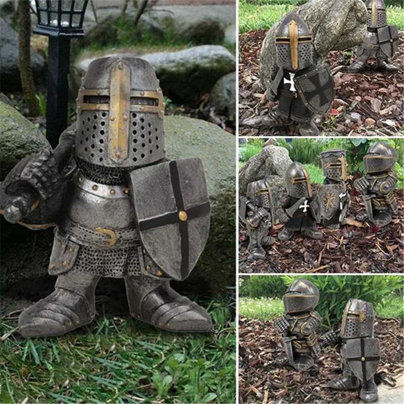Knight Garden Statue Guard Cross Templar Dwarf Guard Armor Samurai Miniature European Knight Resin Garden Decoration X250627