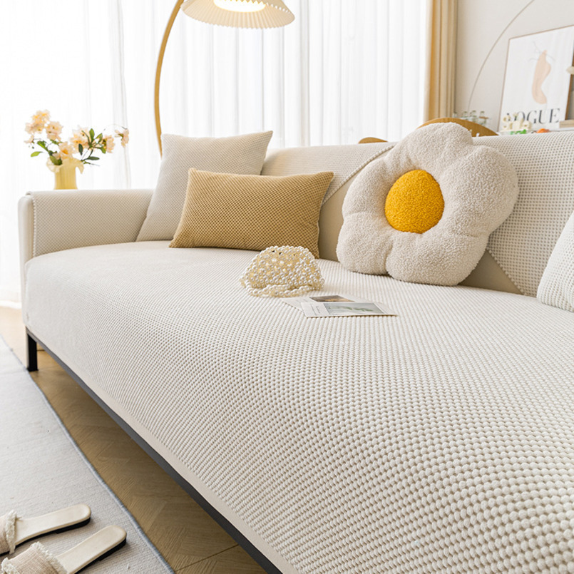 Corn Plush Simple Modern Non-Slip Seat Cushion Autumn Winter Style Rice Grain Velvet Solid Color Sofa Cover