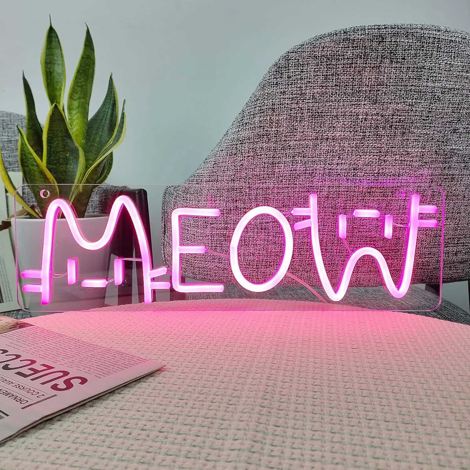 Meow Neon Sign Cat Sign LED Pink Neon Light For Wall Cat Room Decor Light Up Sign For Girl Bedroom Home Decor Gift For Cat Owner XJ250626