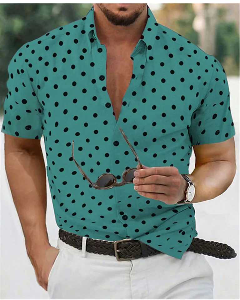 Mens shirt summer beach shirt black and white short sleeve polka dot lapel vacation clothing fashionable casual comfortable 5XL W250627