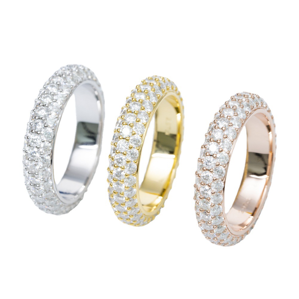 Solid 925 Sterling Silver Gold Plated Fine Jewelry Fully Iced Out 3 Rows Moissanite Band Ring