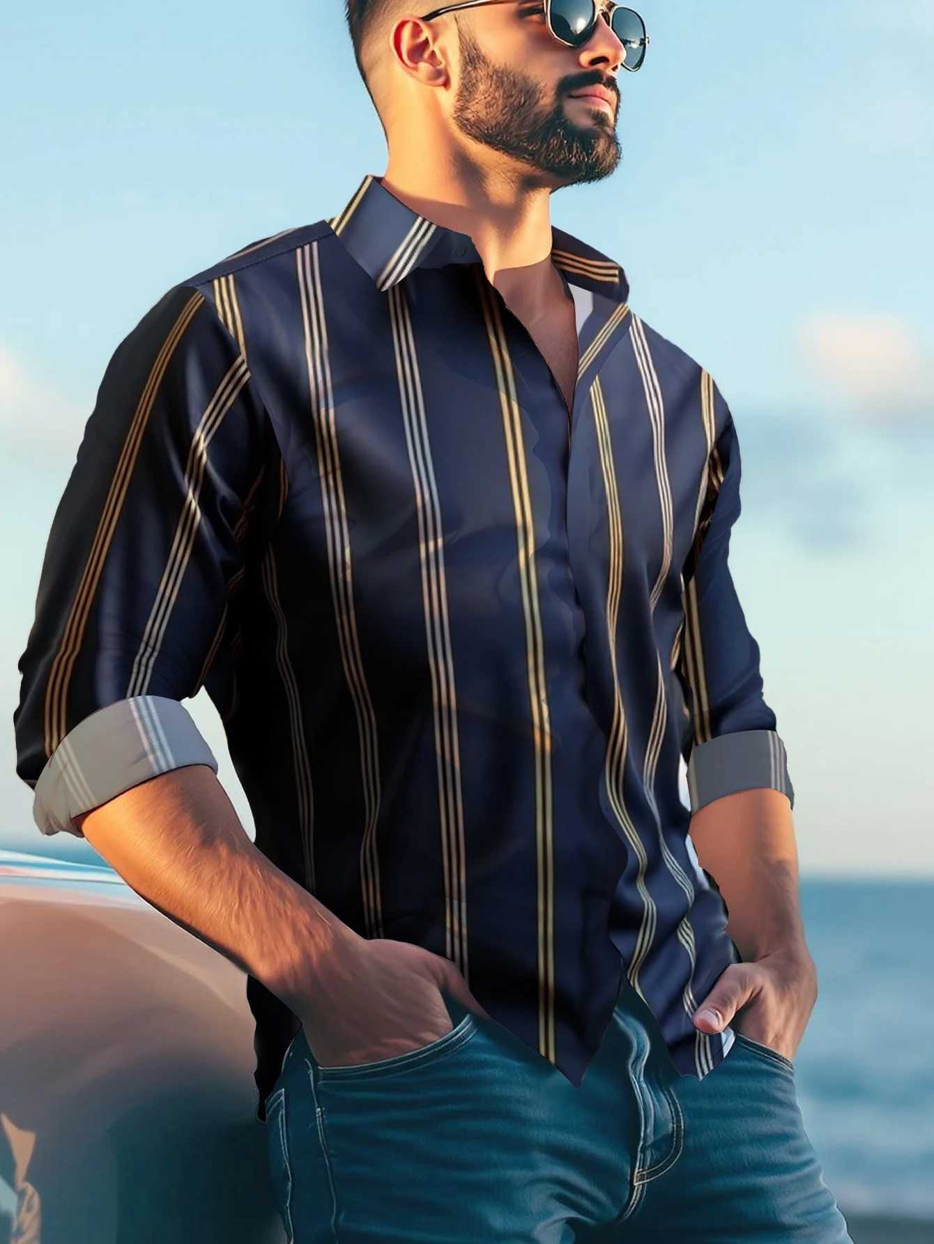 FGKKS New Mens Dress Shirt Fashion Long Sleeve Mens Casual Elastic Fabric Striped Male Smart Shirt W250627