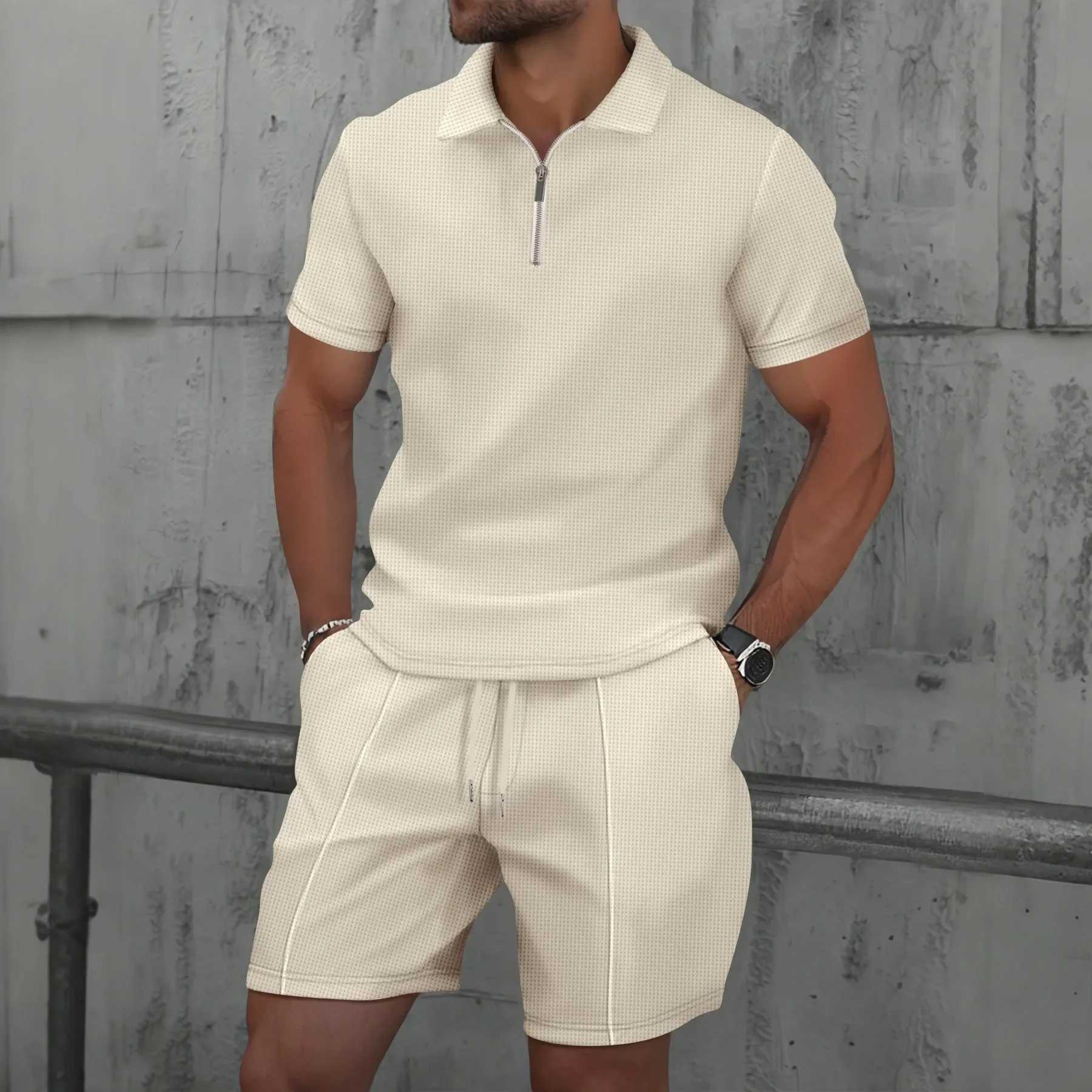 2025 New Summer Mens Short-sleeved Shorts Set Europe and the United States Waffle Solid Color Zip-up Lapel T-shirt Sweatshirt XJ250627