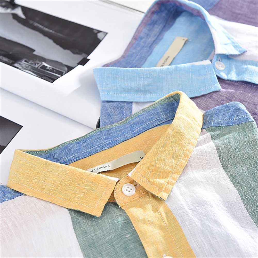 Summer Linen shirts for men Three-quarter sleeves striped mens Casual shirt Loose and breathable freshness Thin mens tops W250627