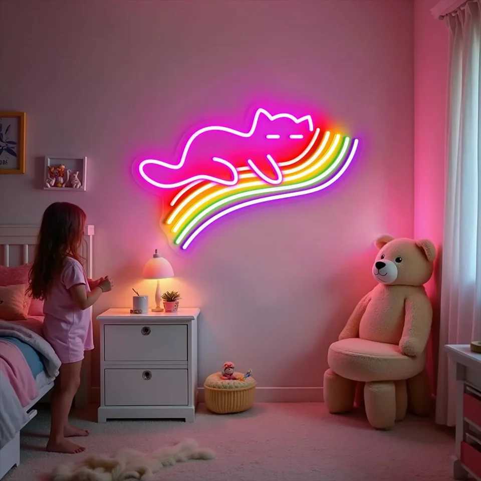 Cat Sleeping On Rainbow Neon Sign Rainbow Cat Neon Sign Cute Cat Lover Gift Aesthetic Wall Decor Kid Room Decor XJ250626