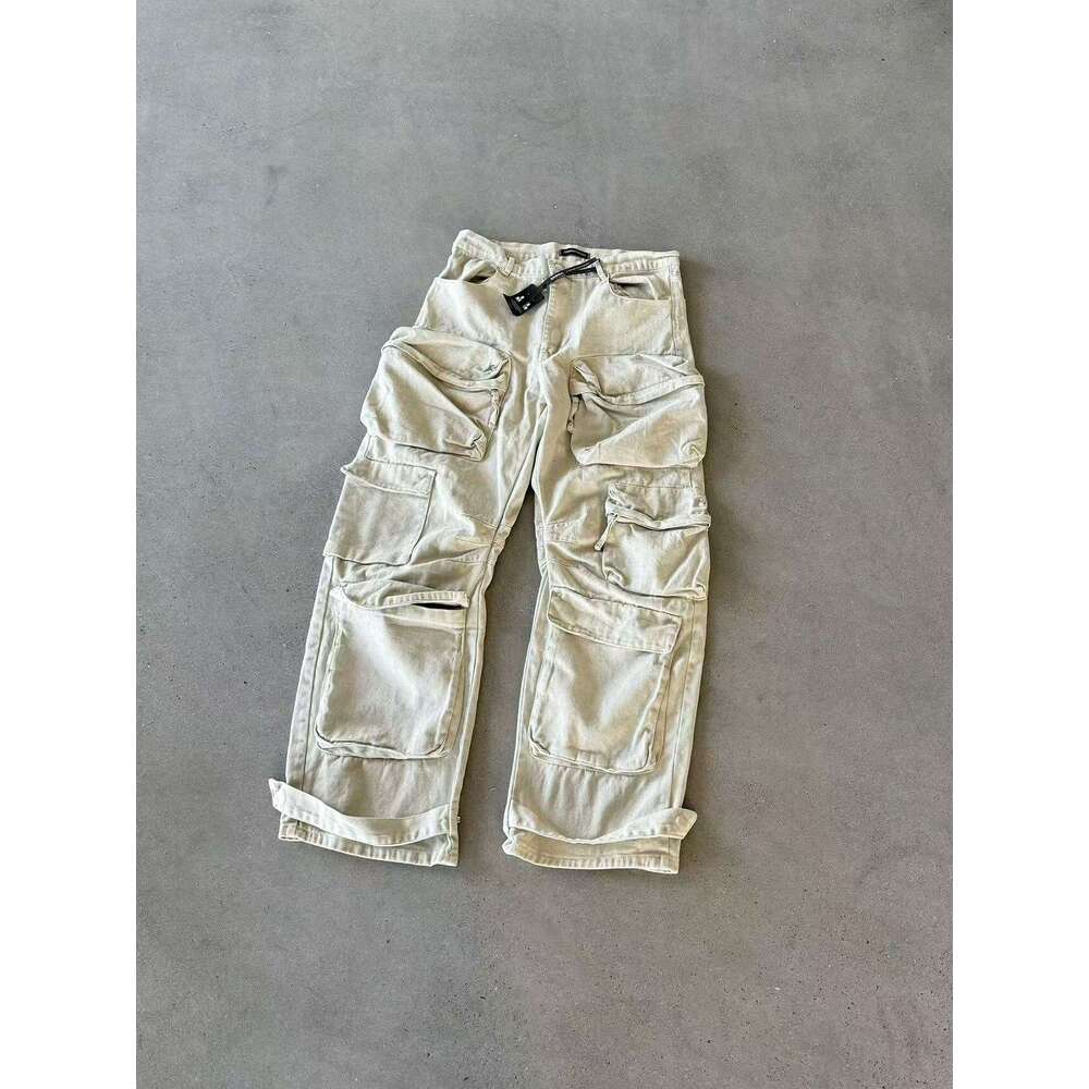 American Style Multi-Pocket Washed Functional Cargo Button Loose Casual Long Pants Men y2k