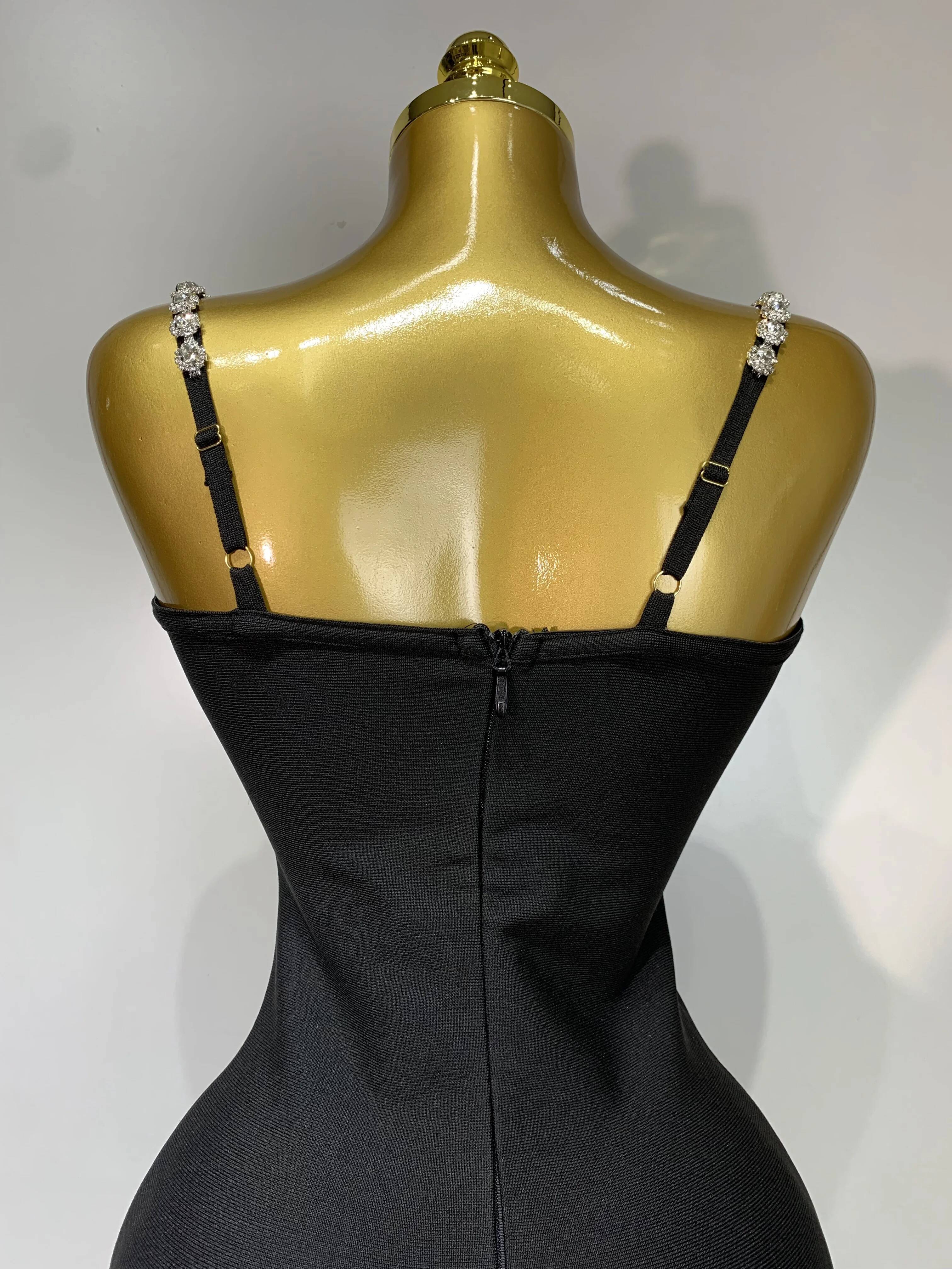 Women Sexy Sling V-Neck Black Mini Bodycon Bandage Dress 2025 Evening Club Celebrity Elegant Party Gowns