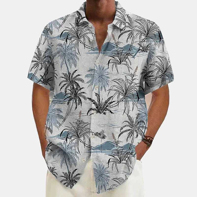Hawaiian Shirt For Men Palm Tree Print Summer Casual Lapel Short Sleeve Shirts Male Outdoor Travel Oversized Clothing W250627