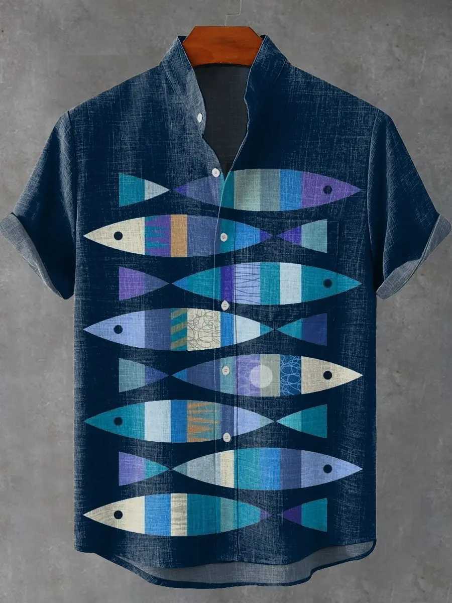 Men Summer Retro Fish Pattern Art Shirt Casual Linen Short Sleeve Fishing Enthusiast Clothing Beautiful Style Mens Shirts W250627