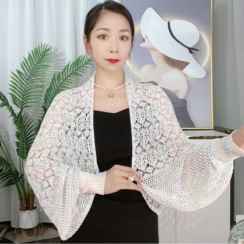 K1147 Sunscreen shawl for women satin colored ice silk breathable cool hollow knitted air-conditioning shawl versatile ethnic style coat to cover the 