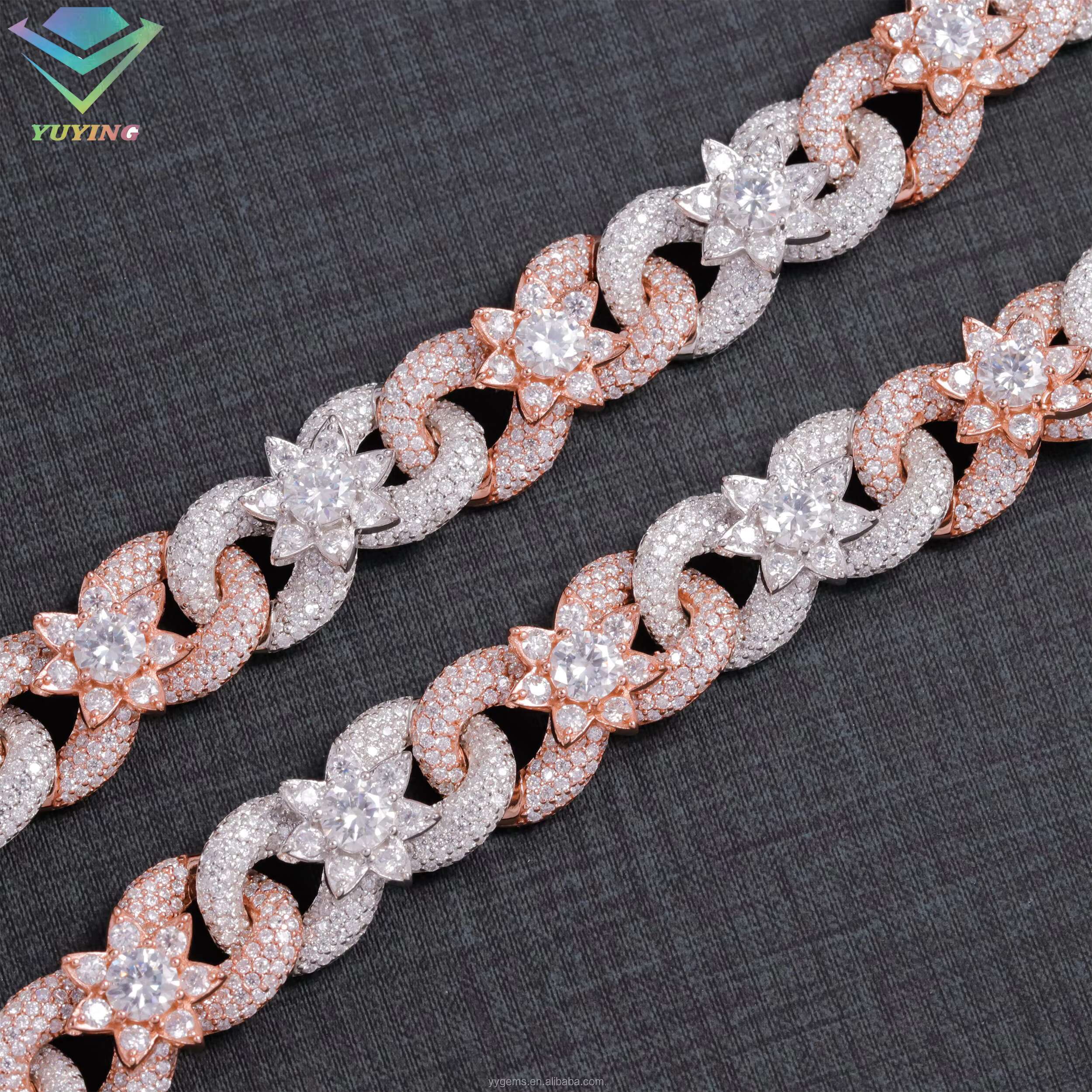 HOT SELLING 15mm Colorful Moissanite Flower Ready Stock Cuban Link Hip Hop Fancy Diamond Cuban Link Chain Moissanite 925