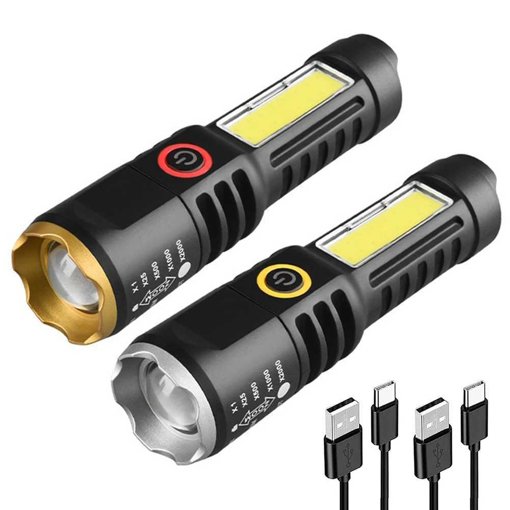 Waterproof Torch Light Telescopic Zoom XPE COB LED Zoomable Flashlight Type-C USB Charging Strong Flashlight 4 Modes for Outdoor W250701