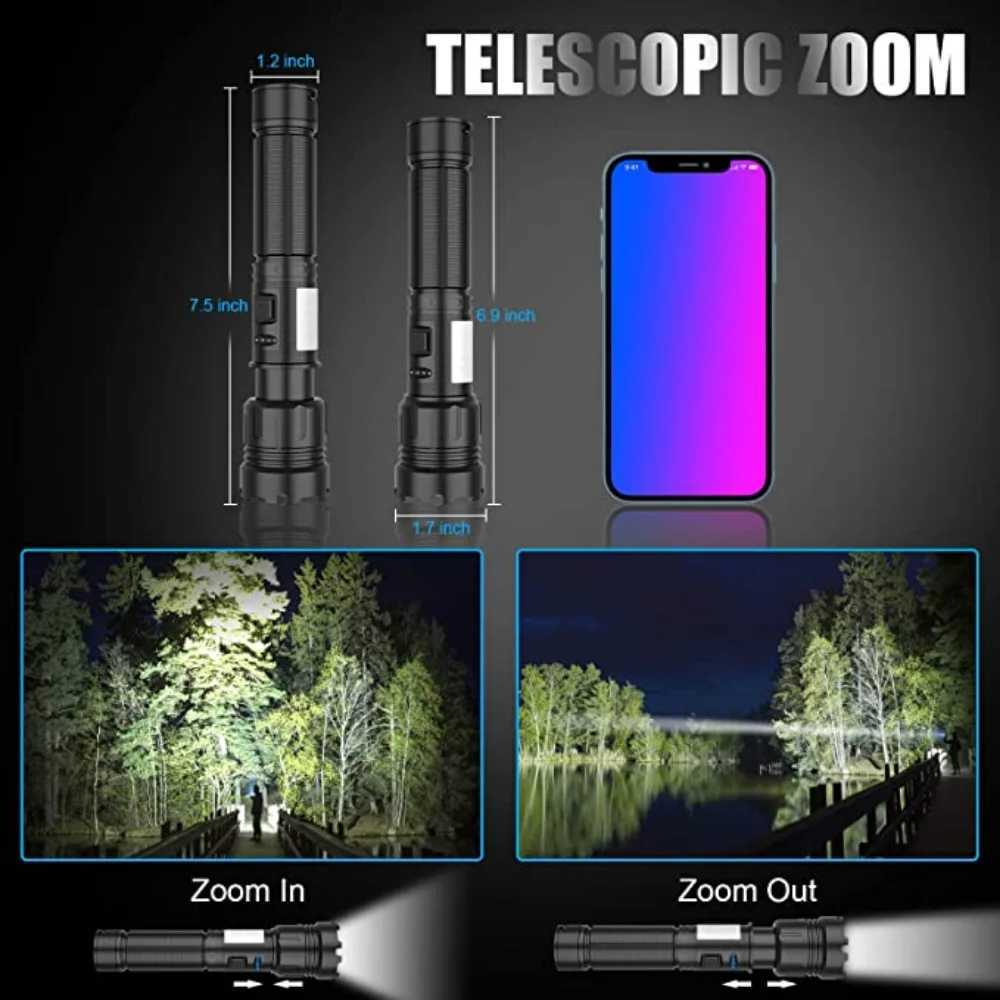 2000000 LM XHP200 Bright LED Flashlight with COB Work Light 5000mAH Type-C USB Rechargeable Tactical Flashlight XHP50 Zoom Torch W250701