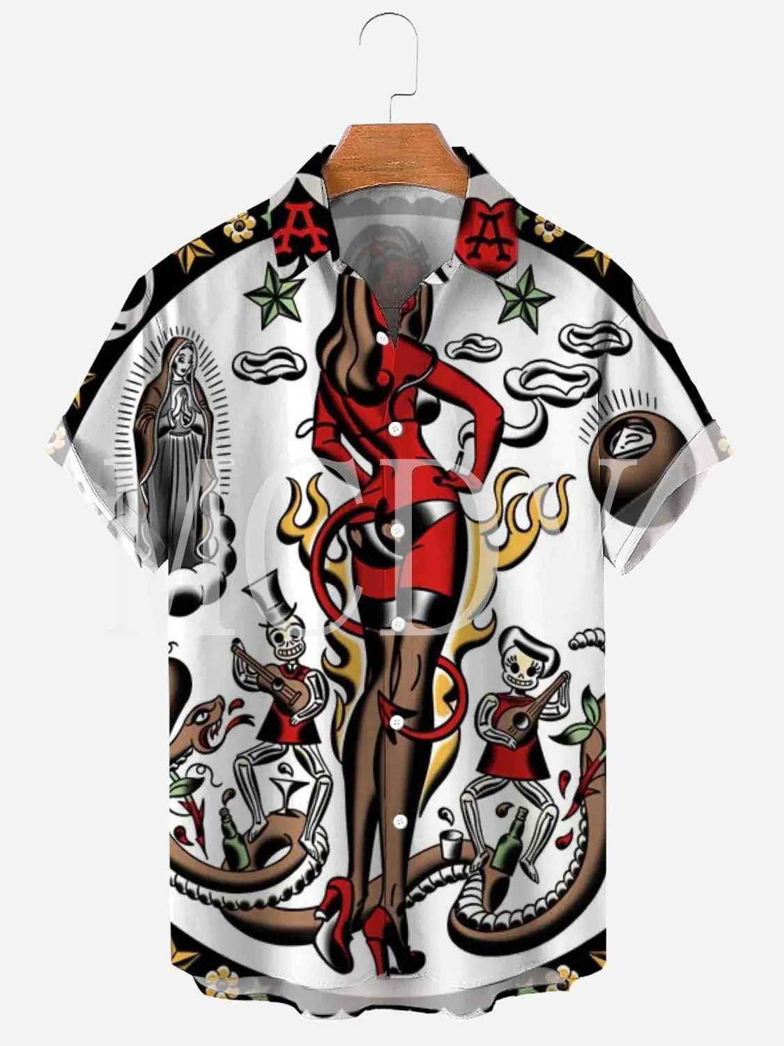 Mens Rockabilly Vintage Rocker Rock N Roll Printed Casual Breathable Short Sleeve Hawaiian Shirt W250627