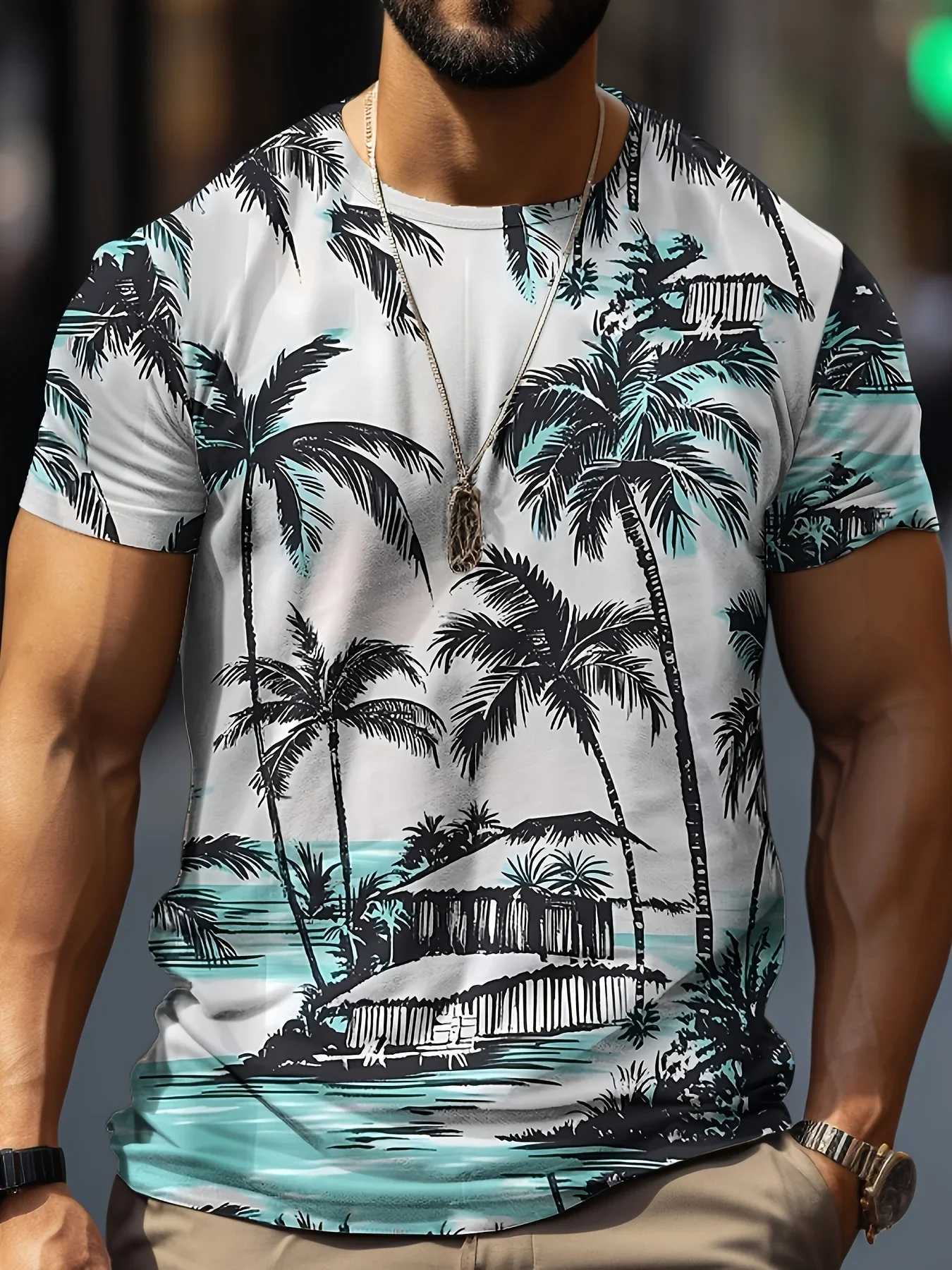 2025 Summer Leisure Vacation Seaside Coconut Tree T-shirt Mens Fashion Quick Dry Casual Trendy Round Neck T-shirt W250627