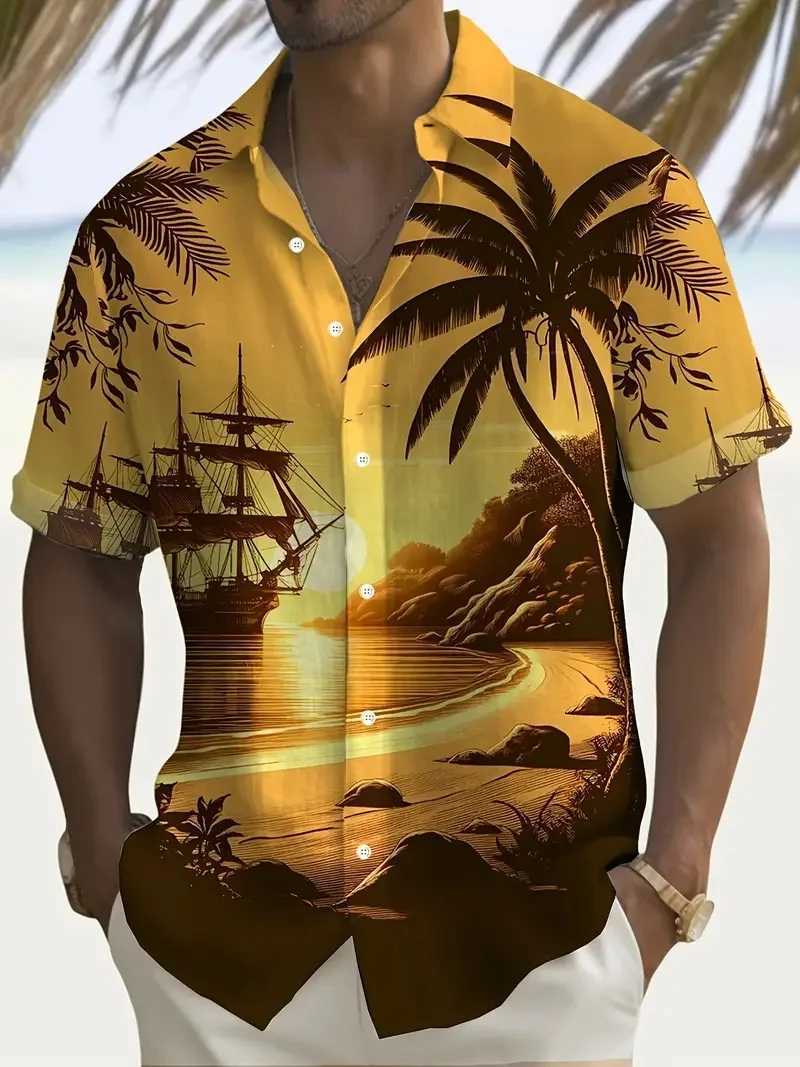 Outdoor Shirt Short Sleeve Summer Beach Wind Casual Tops Shirt Landscape Printed Pattern Large OverSize Loose Mens Clothing W250627
