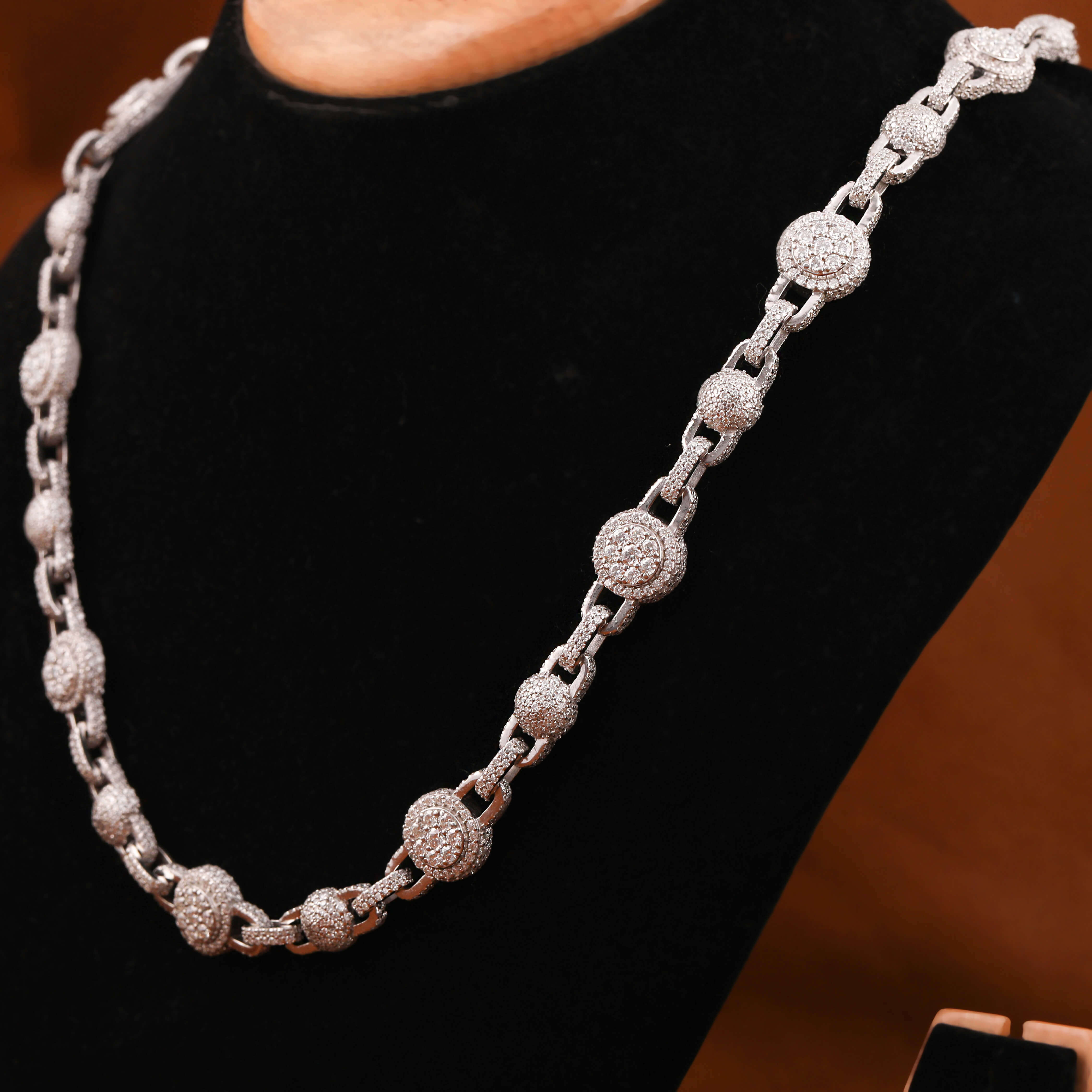 Cuban Ball Link Chain Iced Out Fine 925 Sterling Silver Moissanite Round Cut Diamond Link Chain with Hip Hop Rapper Style