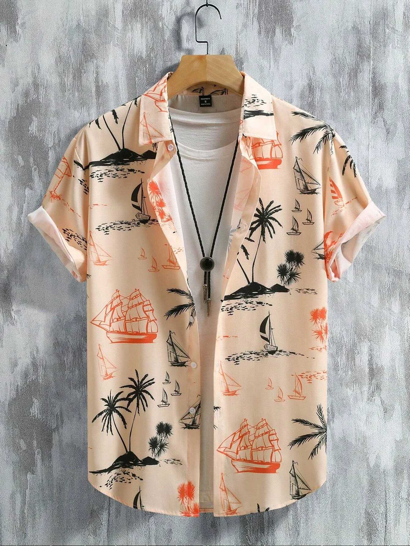 Mens Coconut Tree Graphic Print Short Sleeve Lapel Shirt Tops Mens Casual Button-Down Shirts For Summer Daily Wear And Resort W250627