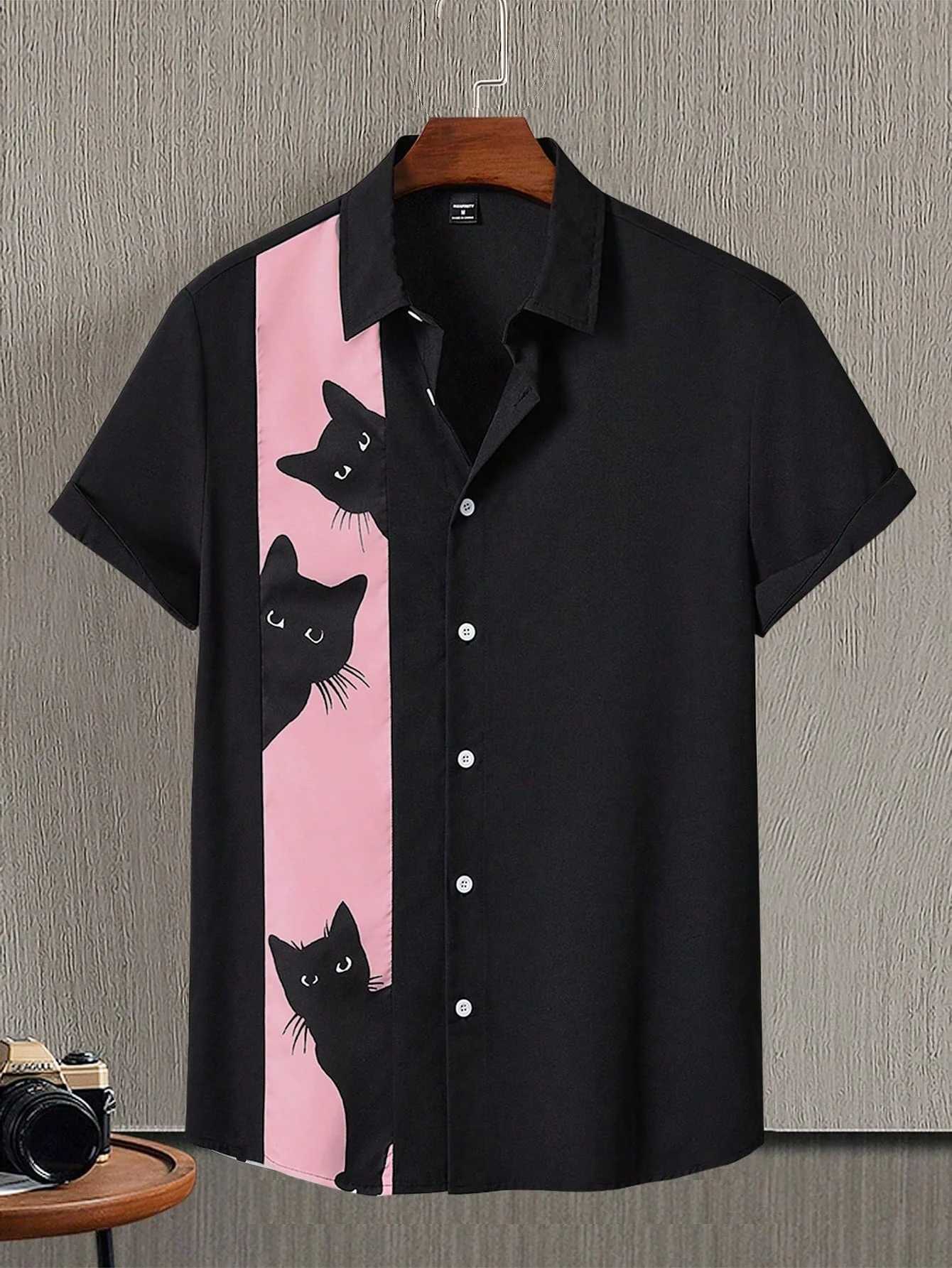 Whimsical Cat Print Mens Shirt Playful Short Sleeve Button-Up with Adorable Kitten Patterns for Casual Fun Outings W250627