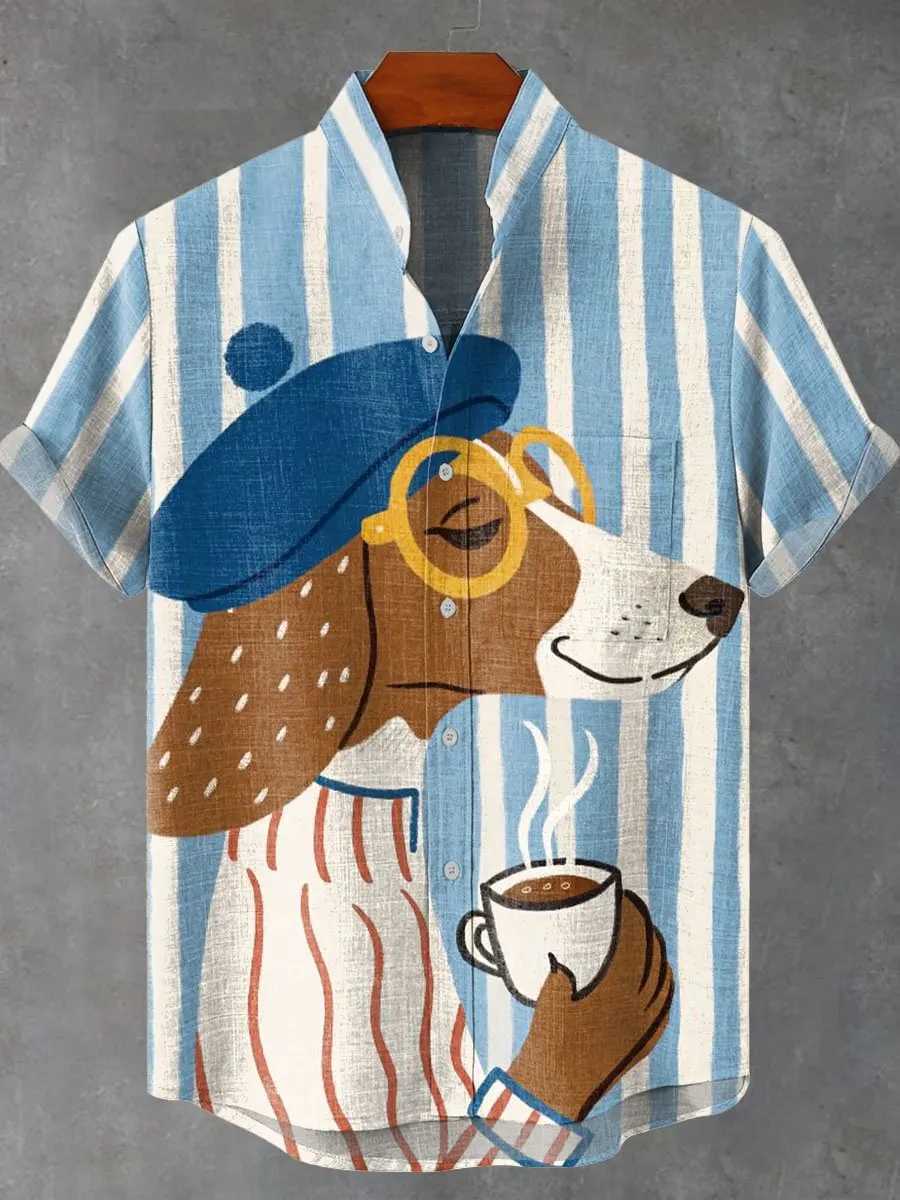 2025 Mens New Summer Cartoon Cute Dog Printed Pattern Comfortable Retro Exquisite Art Linen Shirt Casual Mens Button Top W250627